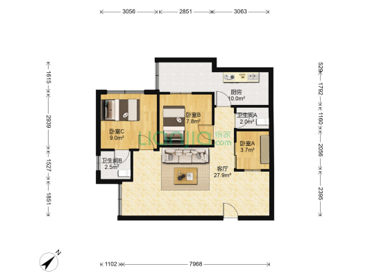 名人港湾二期 3室1厅2卫 74平方