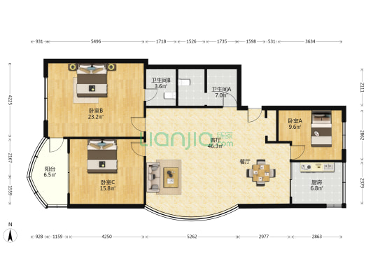 集浩公寓 3室1厅2卫 142平方
