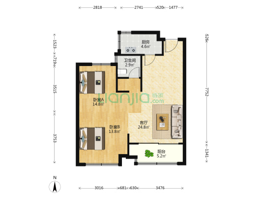 绿城钱塘印月 2室1厅1卫 85平方
