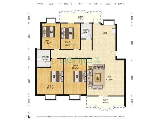 龙腾小区 4室1厅2卫 160平方