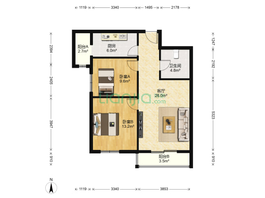 翠竹新村 2室1厅1卫 86平方