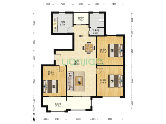 兴石花园三期 3室1厅1卫 128平方