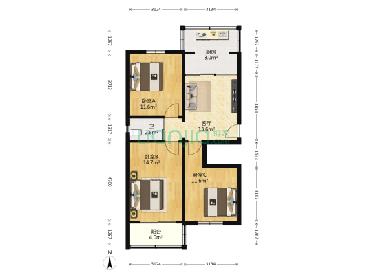 陕西建工第三建设集团有限公司家属院 3室1厅1卫 77平方