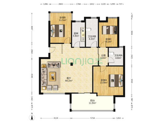 奥盛年华 3室1厅2卫 123平方