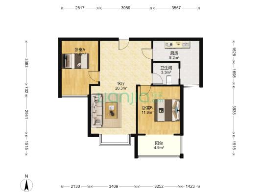 精装2居，无遮挡朝南户型，集中供暖-户型图