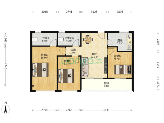 江山和悦府 3室1厅2卫 103平方