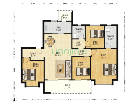 旭辉江山和鸣观庭 4室1厅2卫 143平方