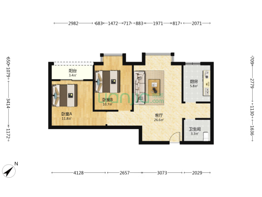 王府景熙园 2室1厅1卫 80平方