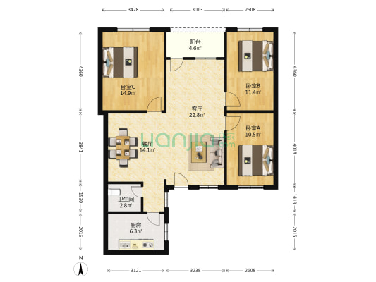 文明大厦 3室2厅1卫 105平方