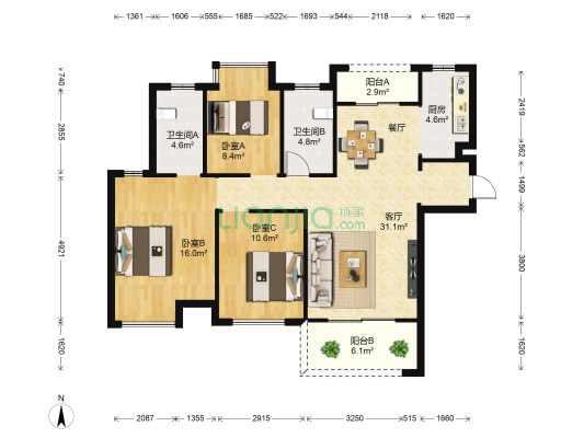 青山湖东园二期 3室1厅2卫 116平方