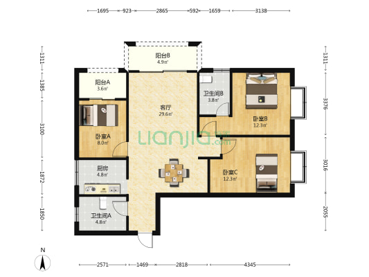 长水航城水禾苑 3室1厅2卫 103平方