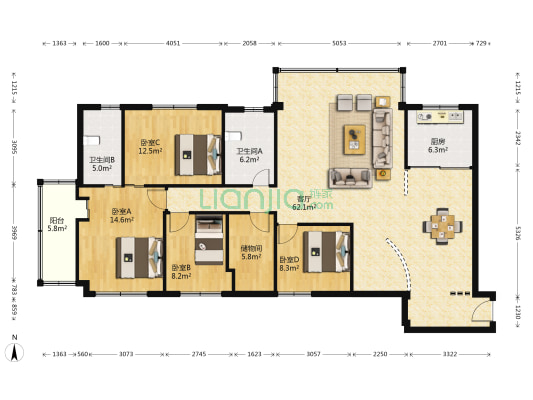 望江大厦 4室1厅2卫 181平方