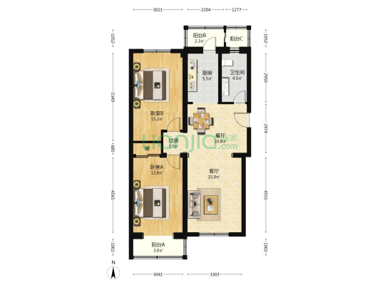 潞河中学北宿舍区 2室2厅1卫 97平方