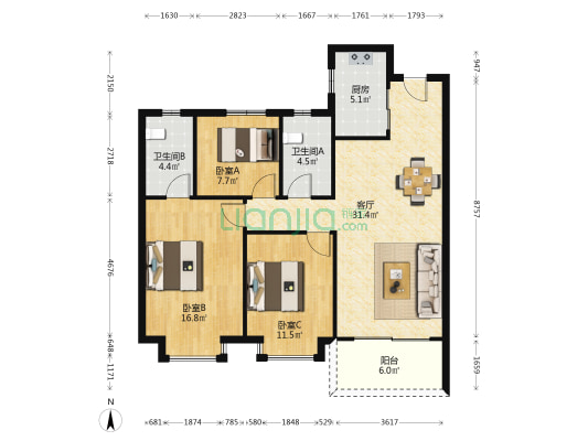 天颂花园三期 3室1厅2卫 113平方