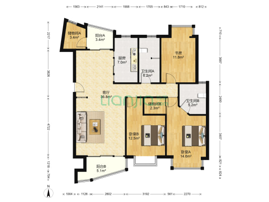 元一美邦国际 3室1厅2卫 145平方
