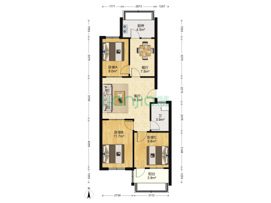 泰山学院附中学家属院 3室2厅1卫 82平方