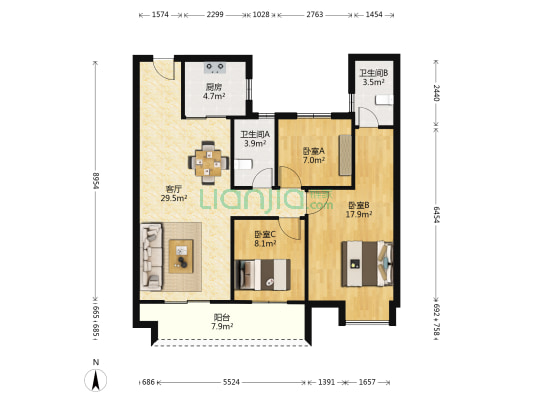 碧桂园云玺 3室1厅2卫 108平方