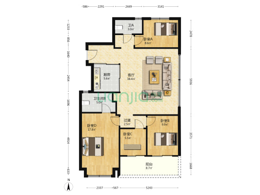 和颂春风里 4室1厅2卫 128平方