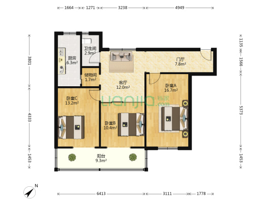 中新横街3号 3室1厅1卫 92平方