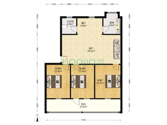 七里河路家属院 3室2厅1卫 105平方