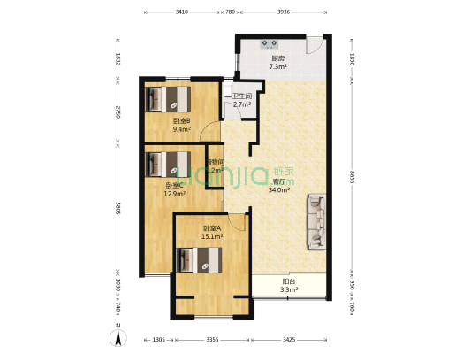 蒋家桥锦园 3室1厅1卫 103平方