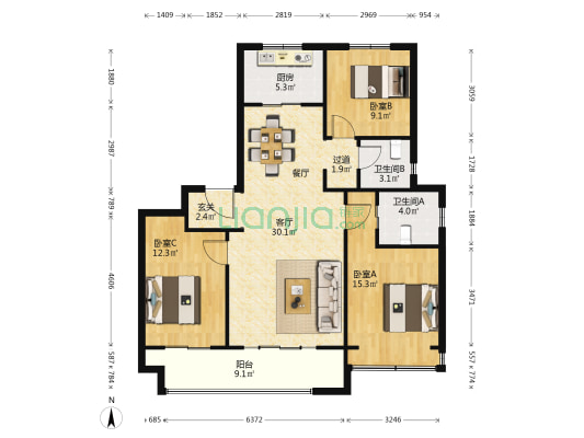 鲁能公馆 3室1厅2卫 124平方