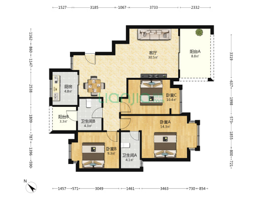 鸿坤理想假日 3室1厅2卫 112平方
