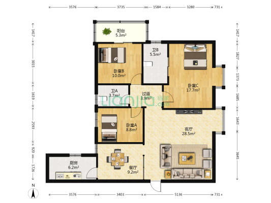 景瑞花园 3室2厅2卫 123平方
