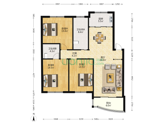 曙光嘉园 3室1厅2卫 122平方