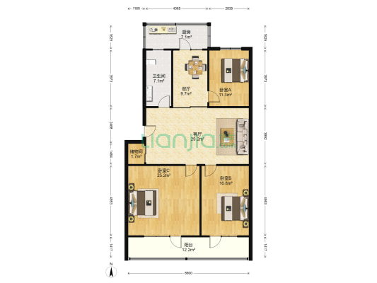 商业银行宿舍 3室2厅1卫 126平方