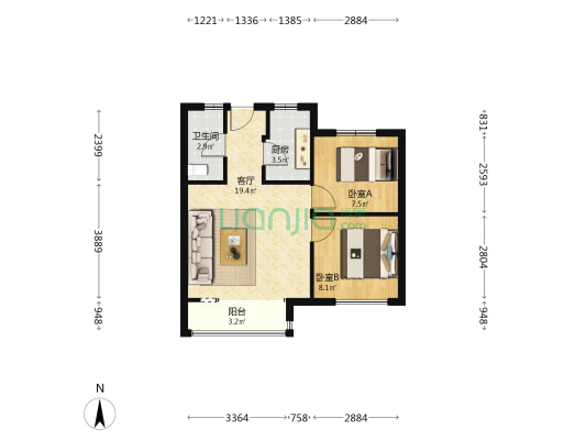 东望冠誉 2室1厅1卫 66平方