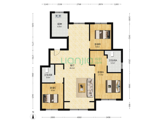 南湖中央广场首府 3室1厅2卫 134平方