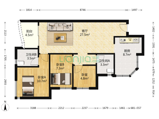 祈福万景峰 3室1厅2卫 91平方