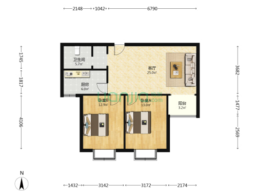 龙康华庭·青年城 2室1厅1卫 97平方