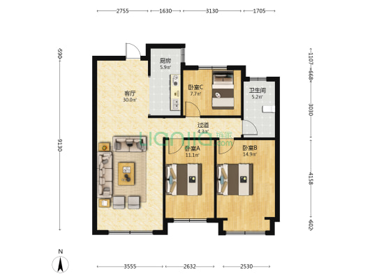东城壹号 3室1厅1卫 110平方