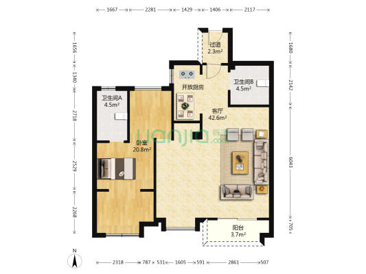 野风秋雅 1室1厅2卫 87平方
