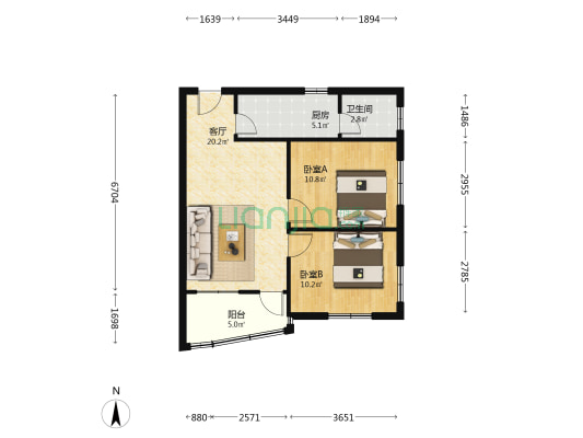 菠萝庙船厂宿舍 2室1厅1卫 67平方