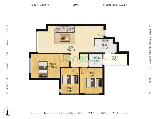 合能璞丽 3室1厅1卫 79平方