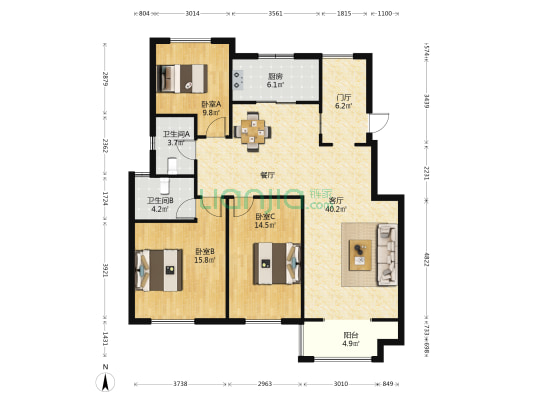 隆府新城 3室1厅2卫 129平方