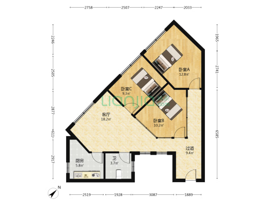 柏丽广场 3室1厅1卫 100平方