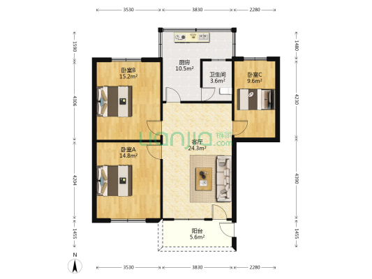 新都园 3室1厅1卫 94平方