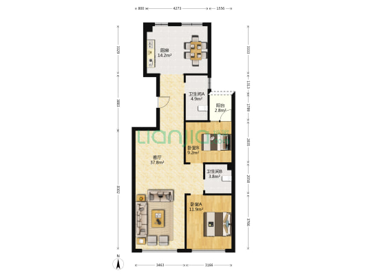 硅谷专家公馆 2室1厅2卫 117平方