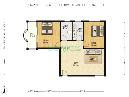 桃花岛城市花园二期湖畔人家 2室1厅1卫 86平方