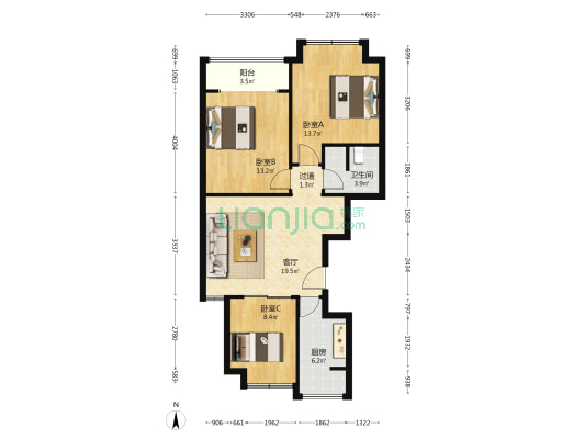 铂金府 3室1厅1卫 93平方