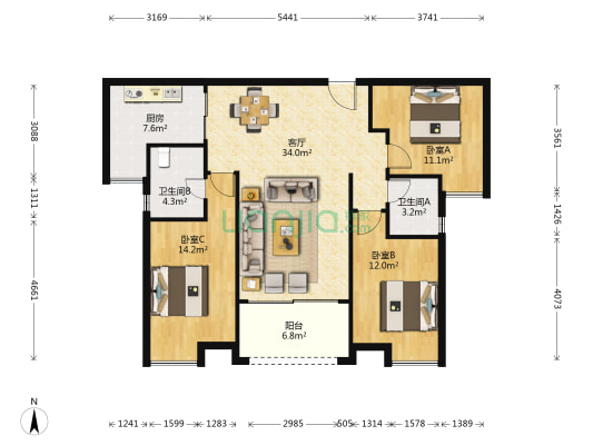 观园壹号 3室1厅2卫 110平方
