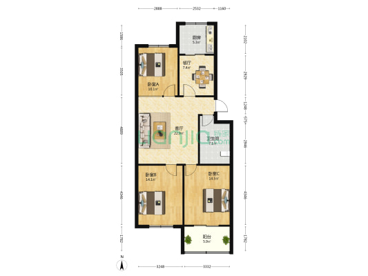 邯三建住宅楼 3室2厅1卫 106平方