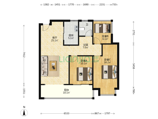 琥珀东华府东苑 3室1厅1卫 109平方