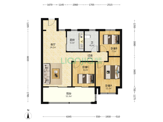 高速信达时代星河南区 3室1厅1卫 107平方