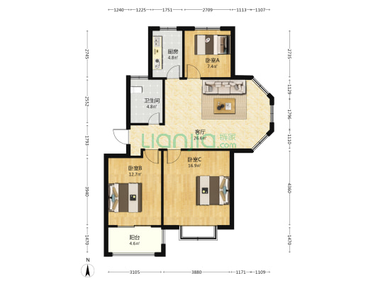 青州市黄楼街道花都社区 3室1厅1卫 95平方