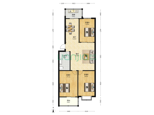 戍强公寓 3室2厅1卫 121平方